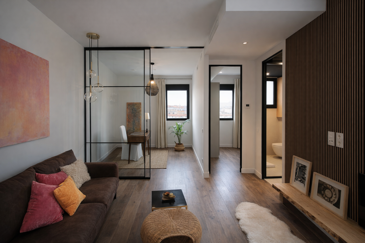 Interior de un apartamento moderno con sala, comedor y baño en un espacio abierto, decorado con estilo minimalista y elementos de madera.