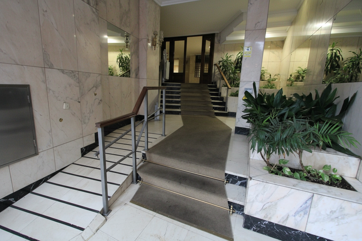 Entrada de un edificio con rampa y escaleras, paredes de mármol y plantas decorativas.