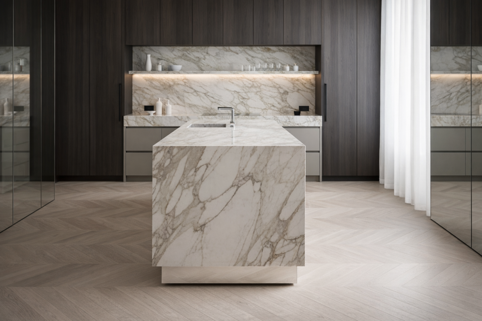 Cocina moderna con isla de mármol, armarios oscuros y cortinas blancas.