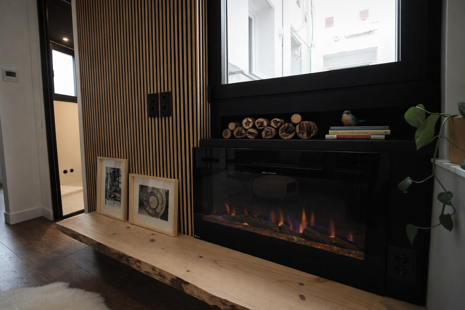 Interiores de una sala con chimenea eléctrica, dos cuadros apoyados en un banco de madera, estantería con leña y libros, decoración con plantas y una pared revestida con madera vertical.