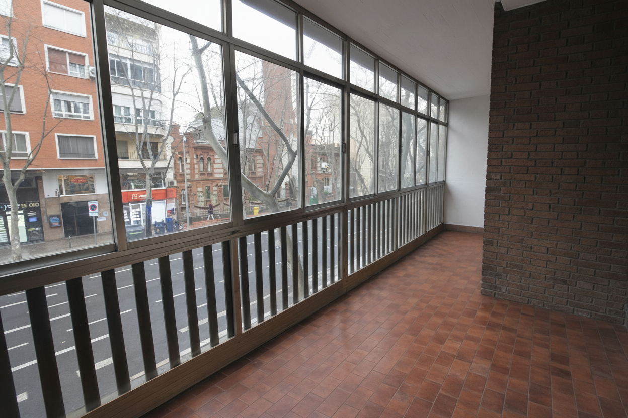 Balcón cerrado con ventanas de vidrio y barandales de madera, con vista a una calle con árboles y edificios en un día nublado.