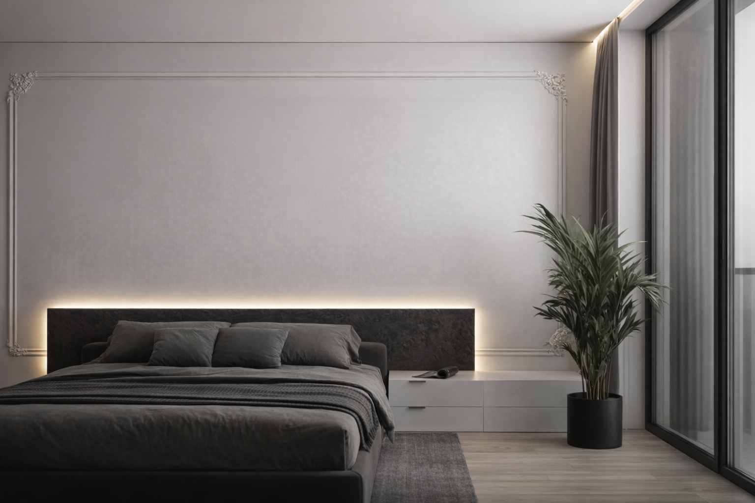 Dormitorio minimalista con pared blanca, cabecera de cama negra, cama con sábanas grises, almohadas grises, lámpara de lectura y planta de interior junto a gran ventana con cortinas.