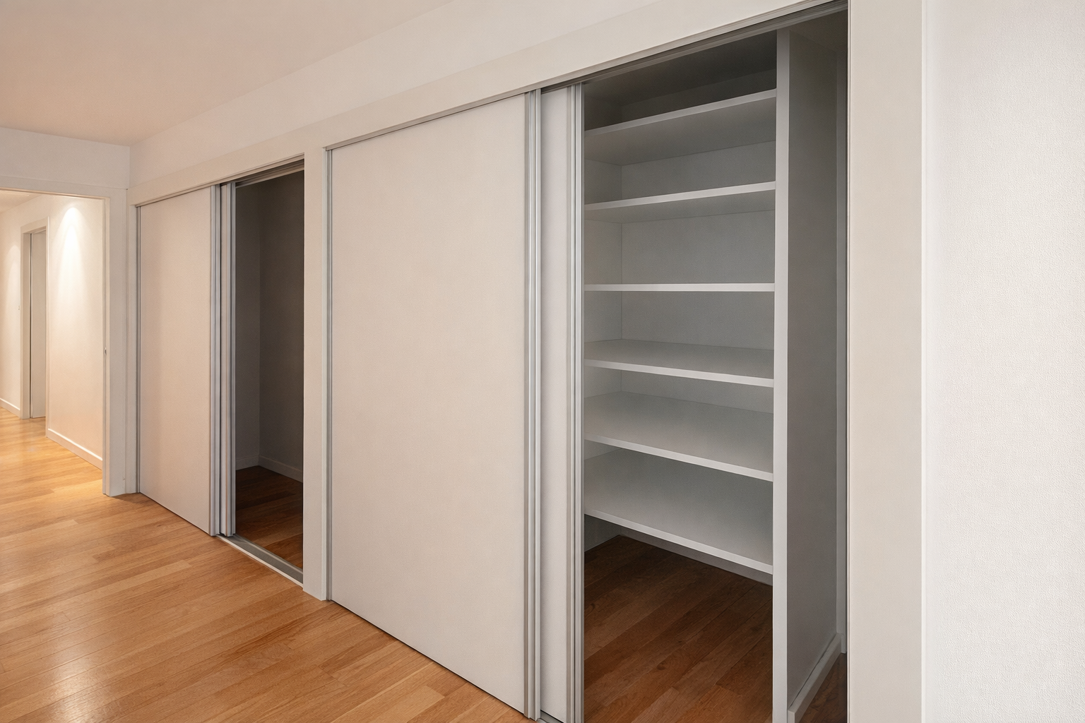 Closet con puertas corredizas blancas y estantes vacíos, en casa con paredes blancas y suelo de madera