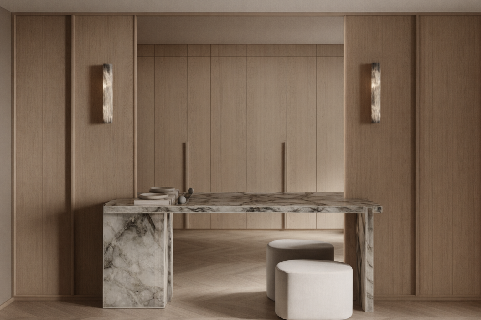 Interiores minimalista con paredes de madera clara, mesa de mármol con diseño en tonos gris y blanco, y dos taburetes beige.