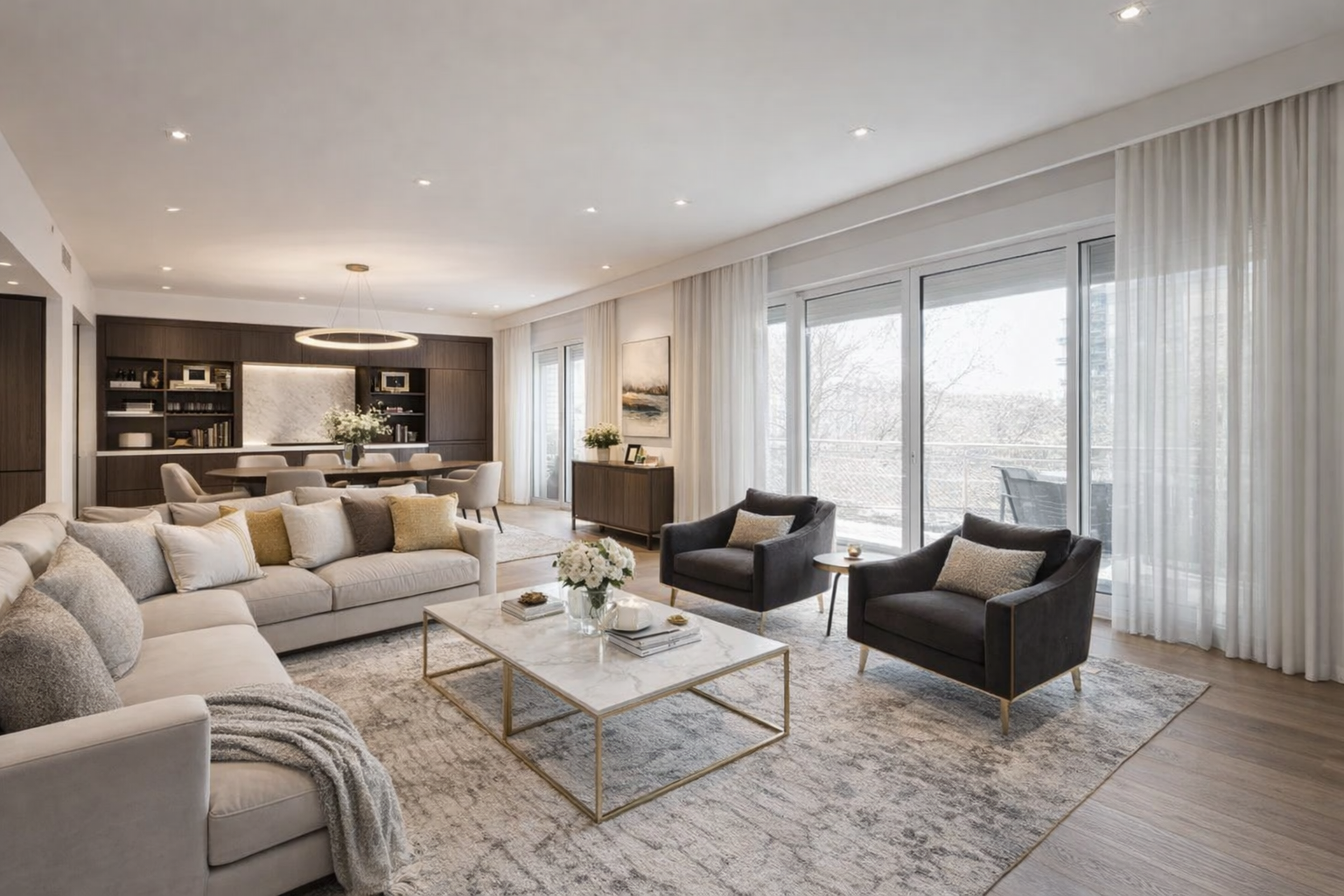 Sala de estar moderna con sofás, sillones oscuros, mesa de centro de mármol, cortinas blancas y vista exterior.