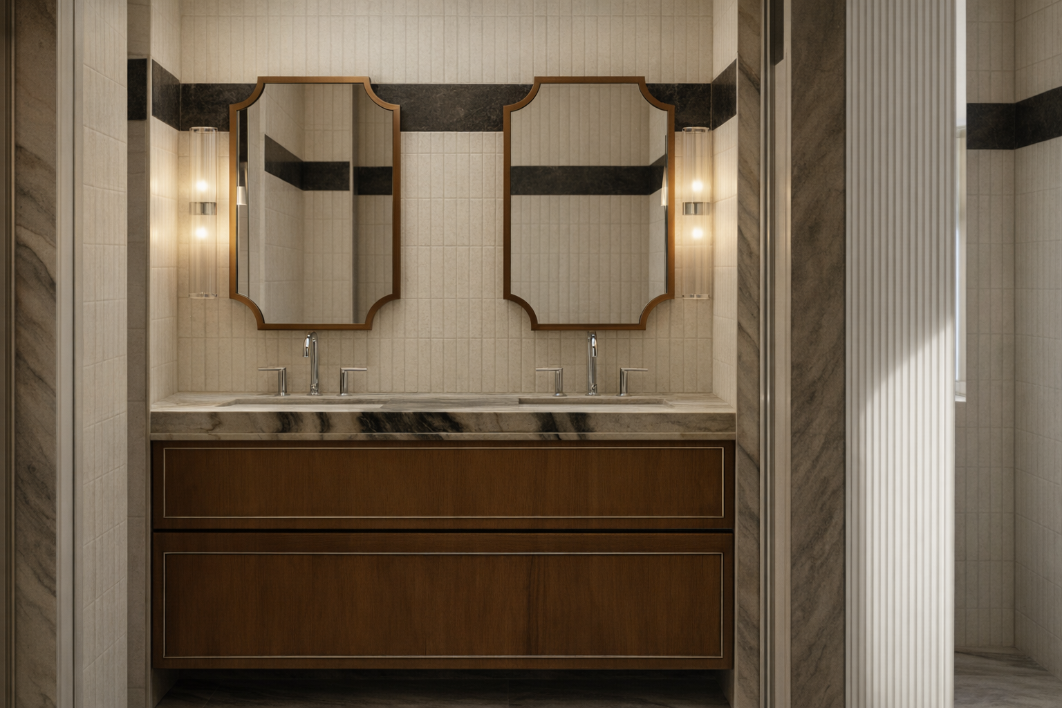 Lavabo de doble bacha con espejos y luces en un baño vintage con paredes de azulejo beige y detalles en mármol