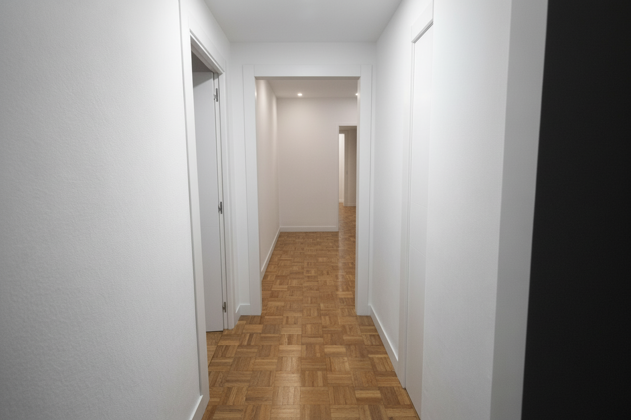 Pasillo interior con paredes blancas, puerta cerrada a la izquierda y suelo de madera.