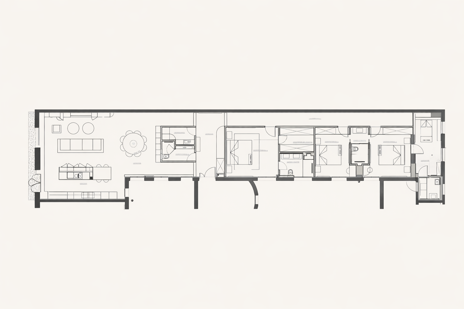 Plano arquitectónico de un apartamento de estilo moderno con zona de sala, comedor, cocina, múltiples habitaciones y baños, en líneas negras sobre fondo claro.