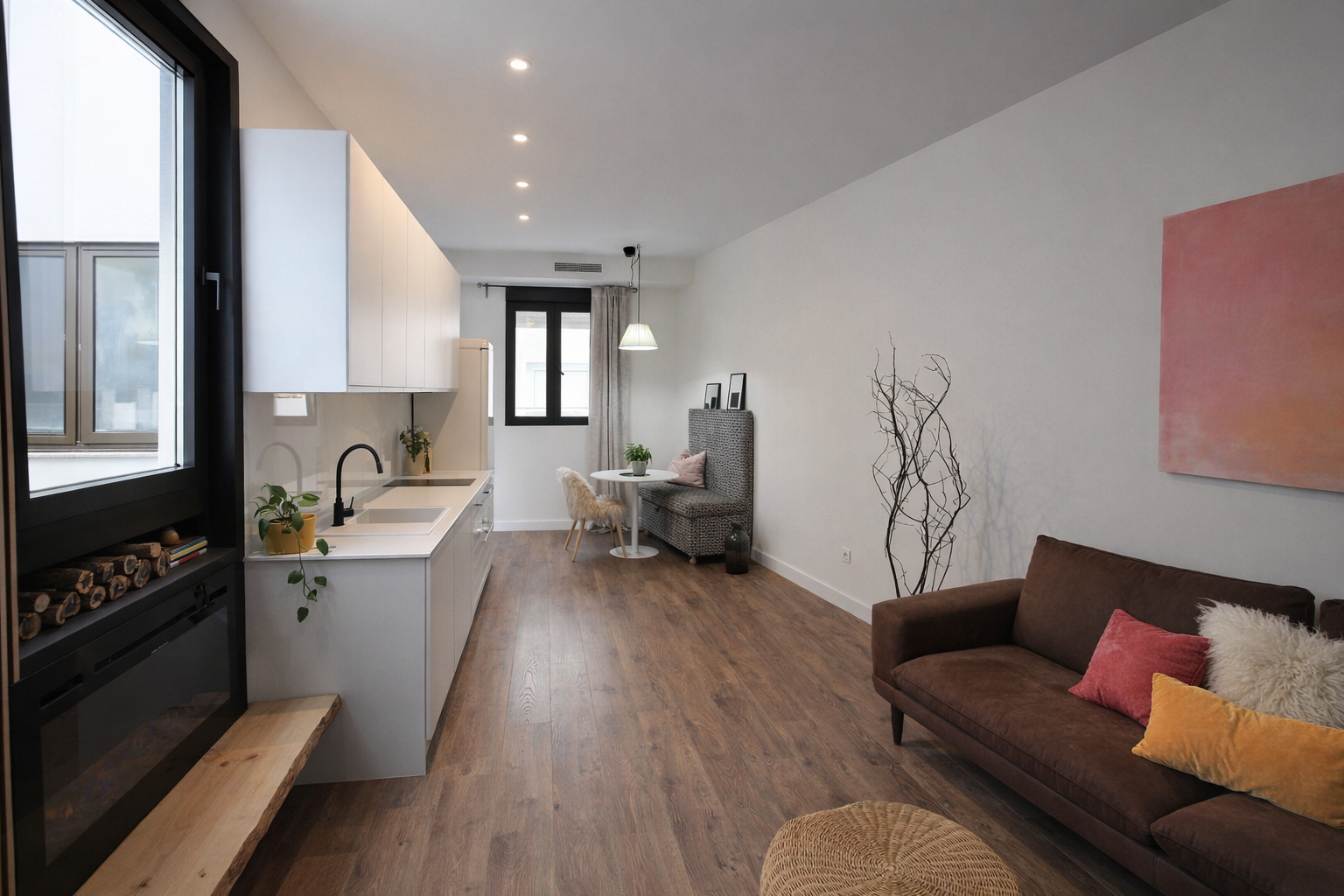 Salón de apartamento con cocina, área de comedor y sala de estar. Cocina blanca con fregadero negro y ventanas grandes. Área de comedor con una silla de peluche y un mesa pequeña. Sala con sofá marrón y almohadones de colores. Decoración con lienzo r