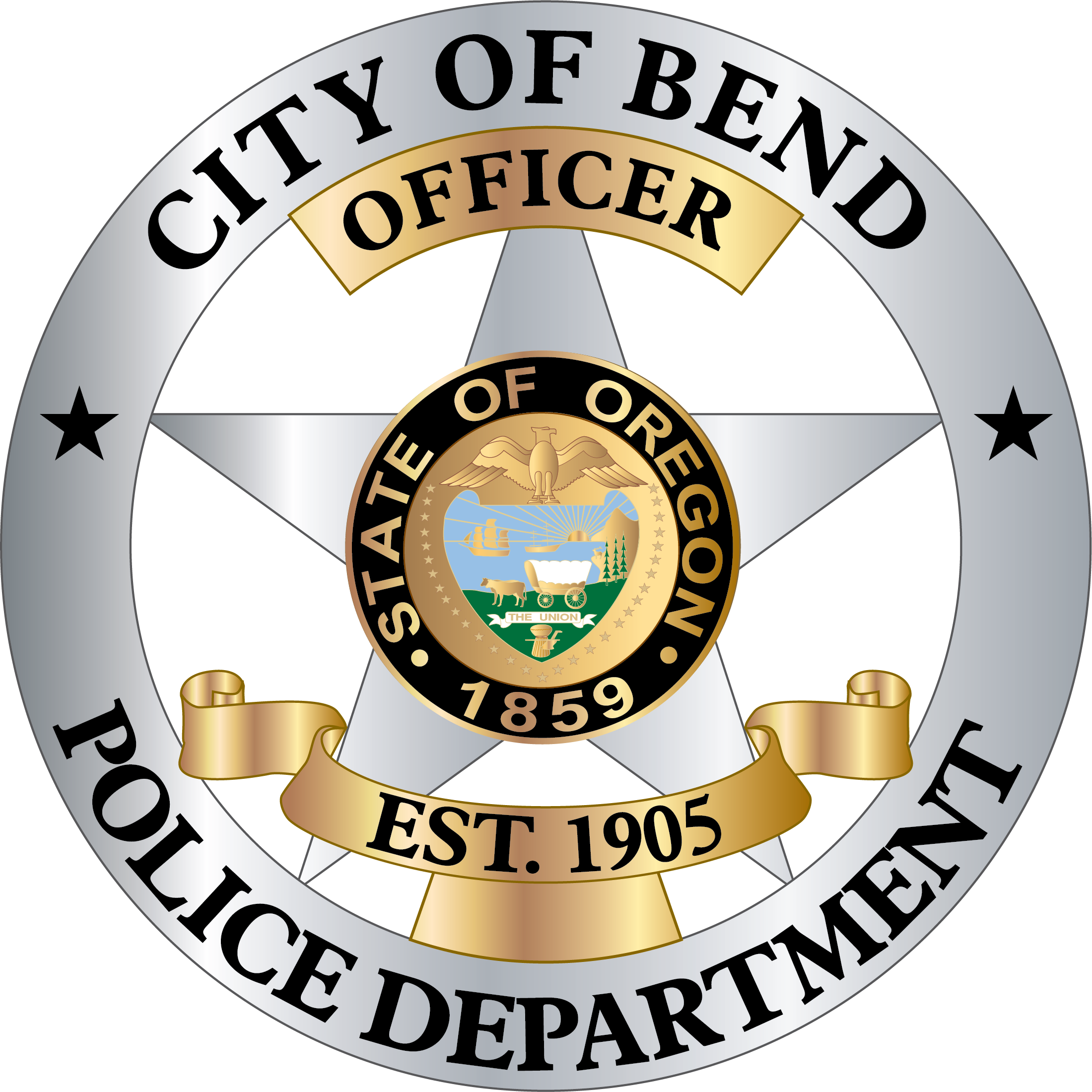 Bend Police Official Badge silver gold black Officer City of Bend Police Department Est. 1905 State of Oregon 1859official badge with Oregon state seal in center
