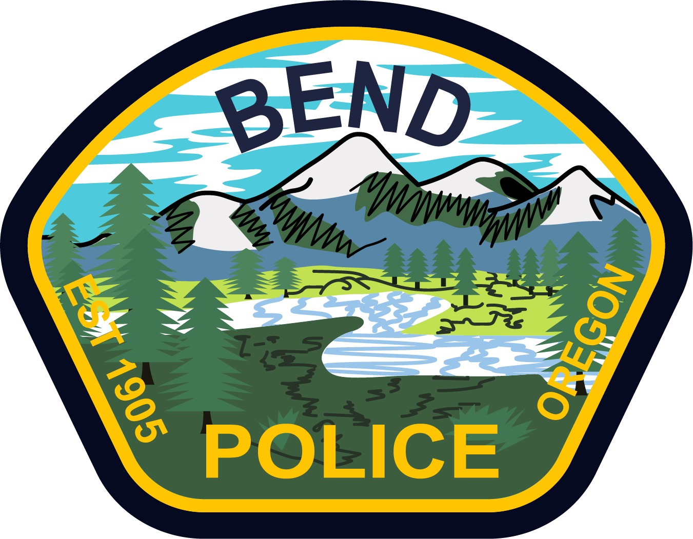 official arm patch City of Bend Police Department Oregon snow covered mountains river trees Bend Police Est 1905 Oregon green blue yellow white black mountains trees river
