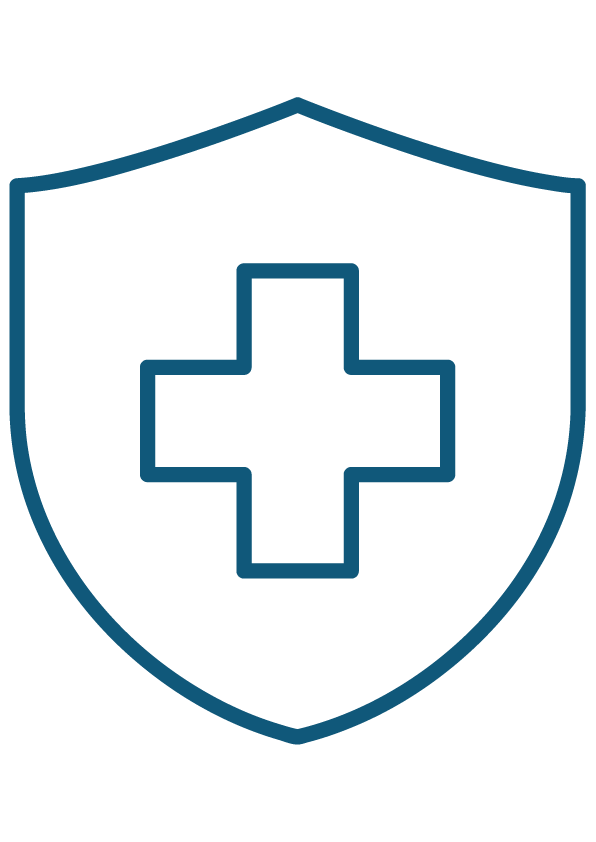 Blue outline drawing of a shield with a medical cross in the center.