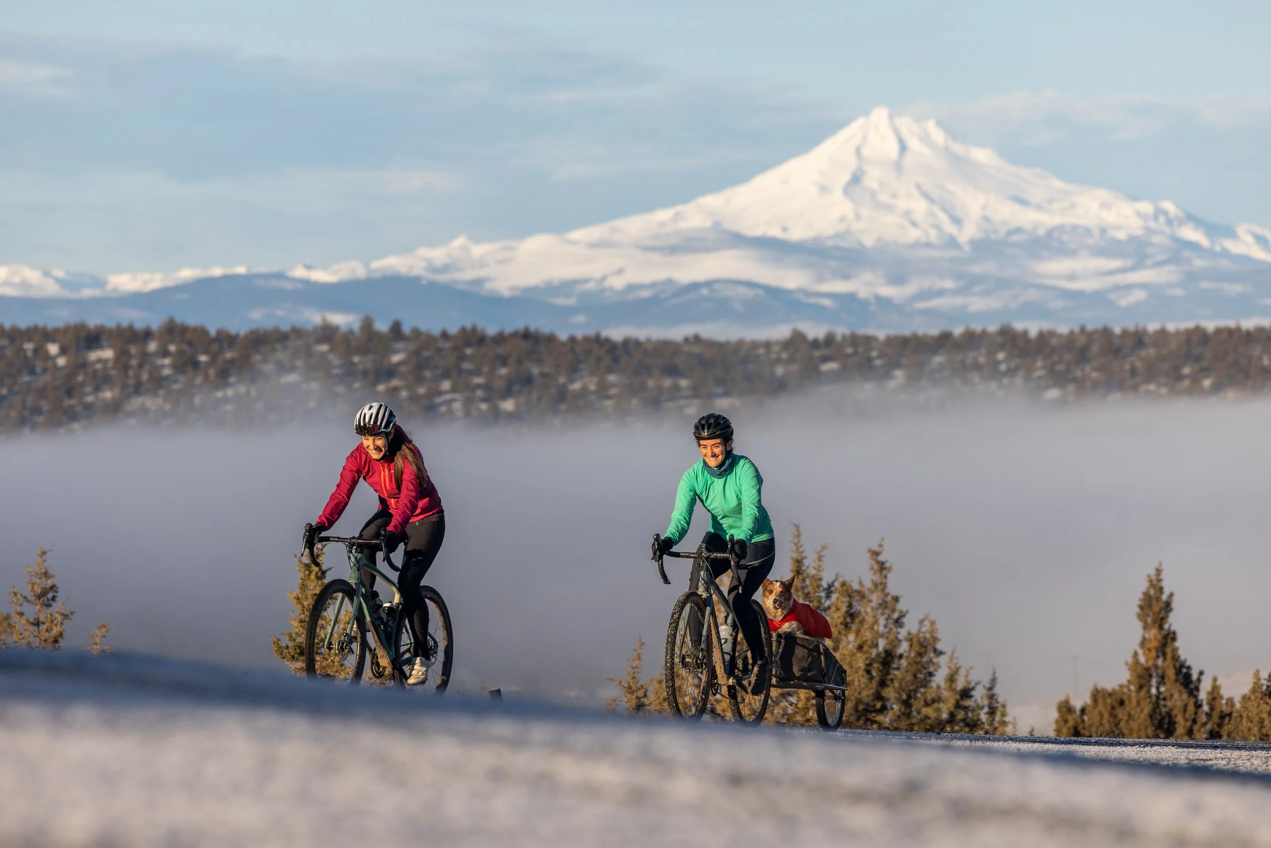 Two people are riding road bicycles up a hill. One cyclist is wearing a red jacket and white helmet and the other is wearing a green jacket and black helmet. In the background is fog, some trees and a snow-covered mountain in the background.