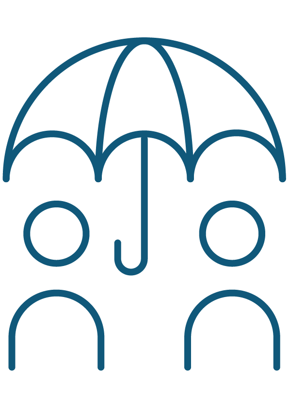 Blue outline drawing of an umbrella with two outline figures of people underneath.