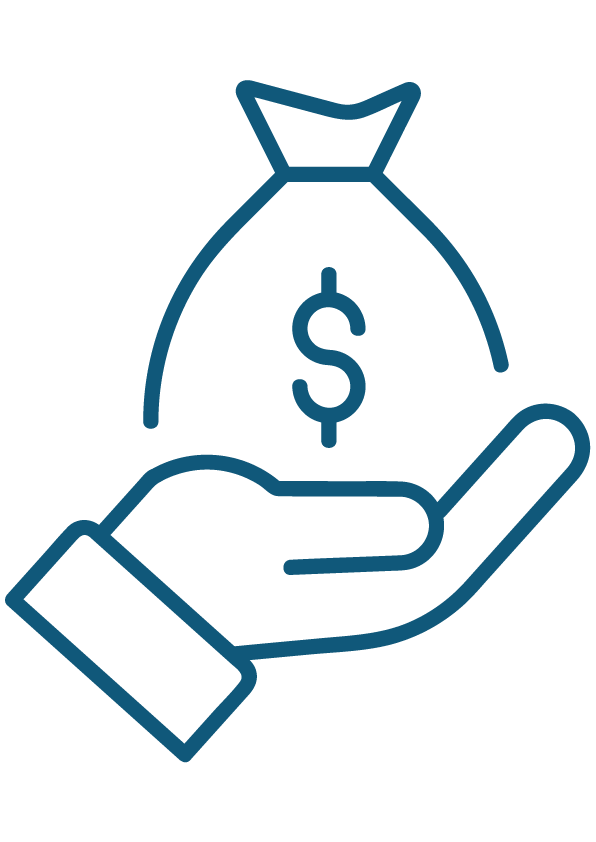 Blue outline drawing of a hand holding a money bag with a dollar sign in the center.