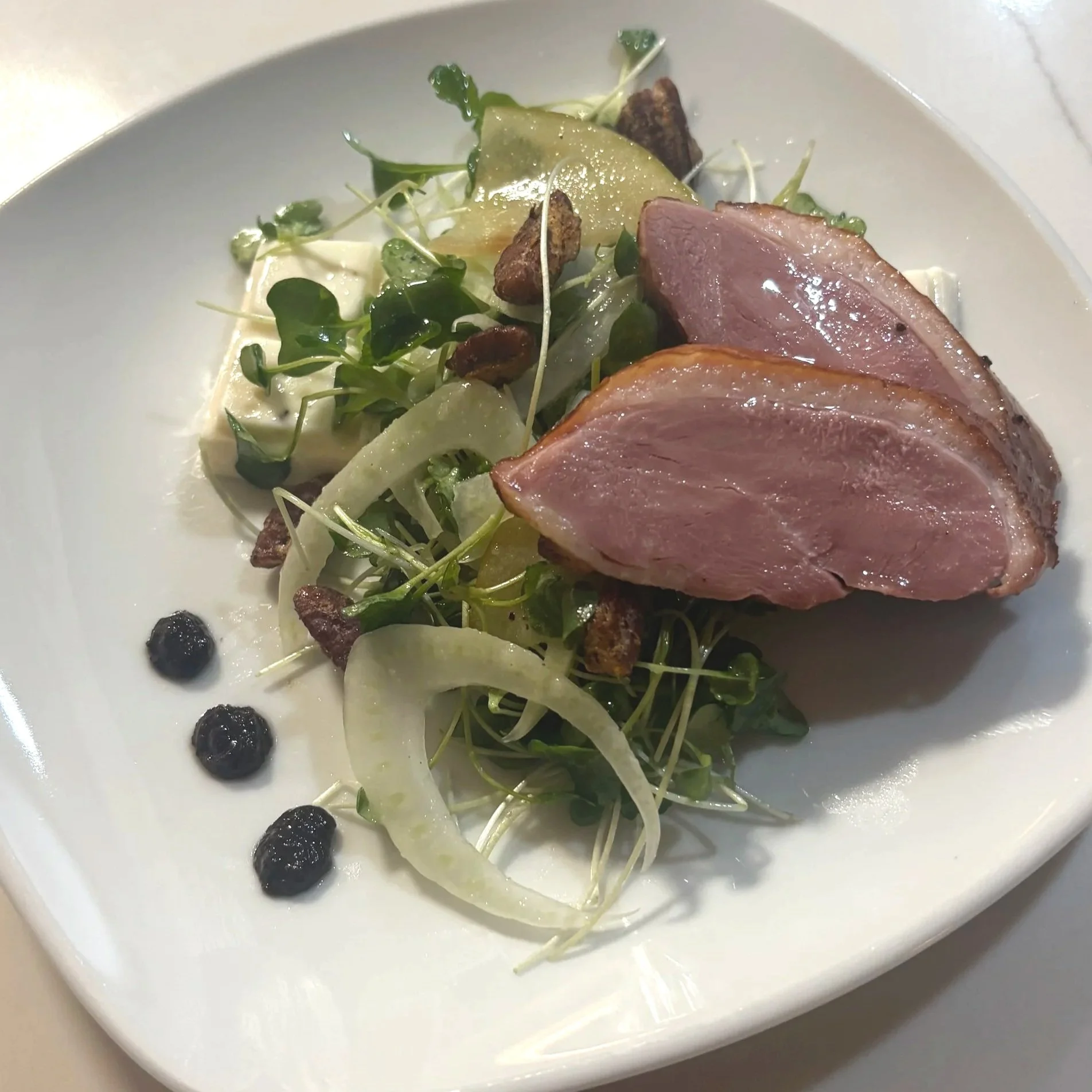 A plated dish with slices of seared duck breast, mixed greens salad, and small dollops of dark berry sauce.