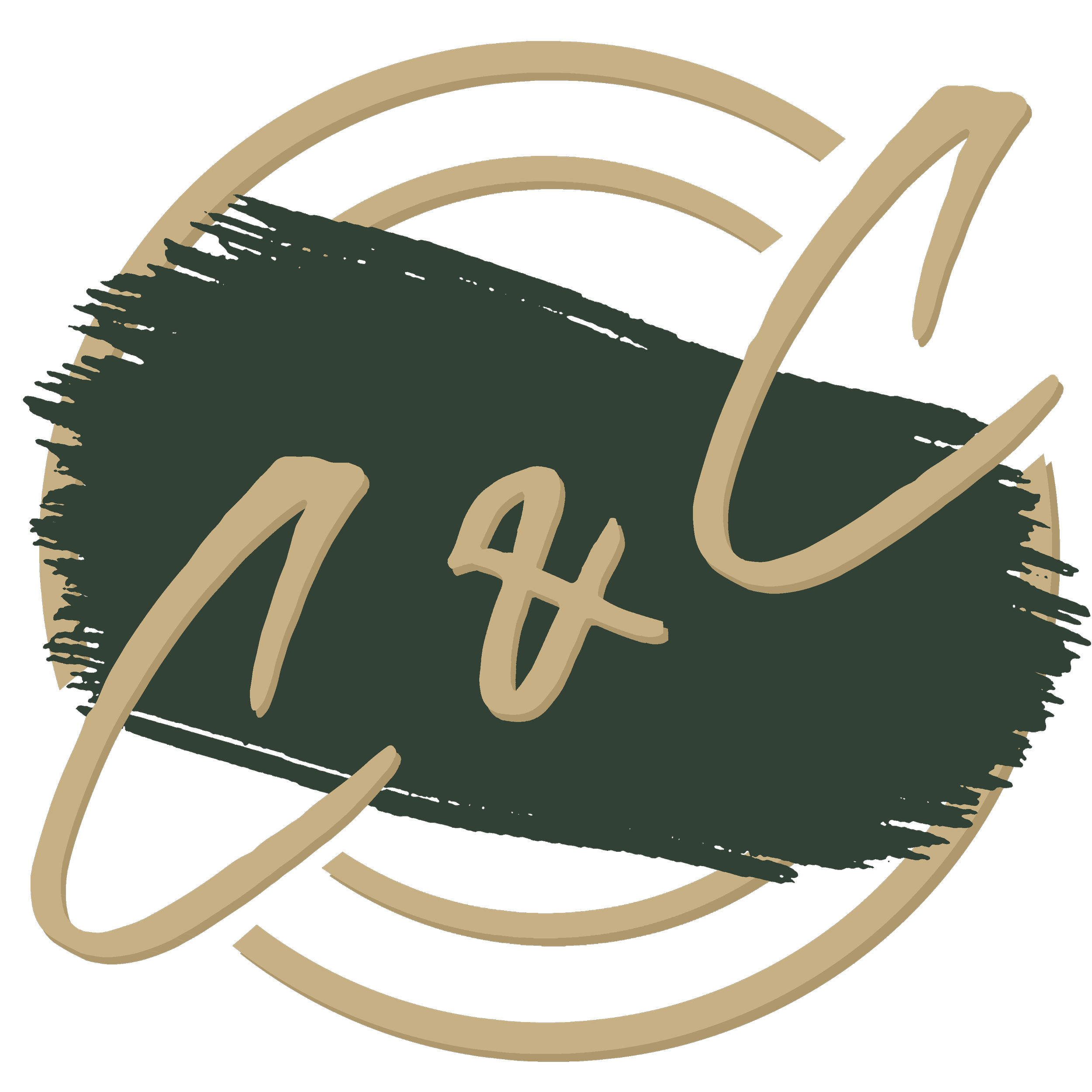 Creative logo design with the word 'C&C' written  on a dark green brushstroke background, surrounded by a circular line.