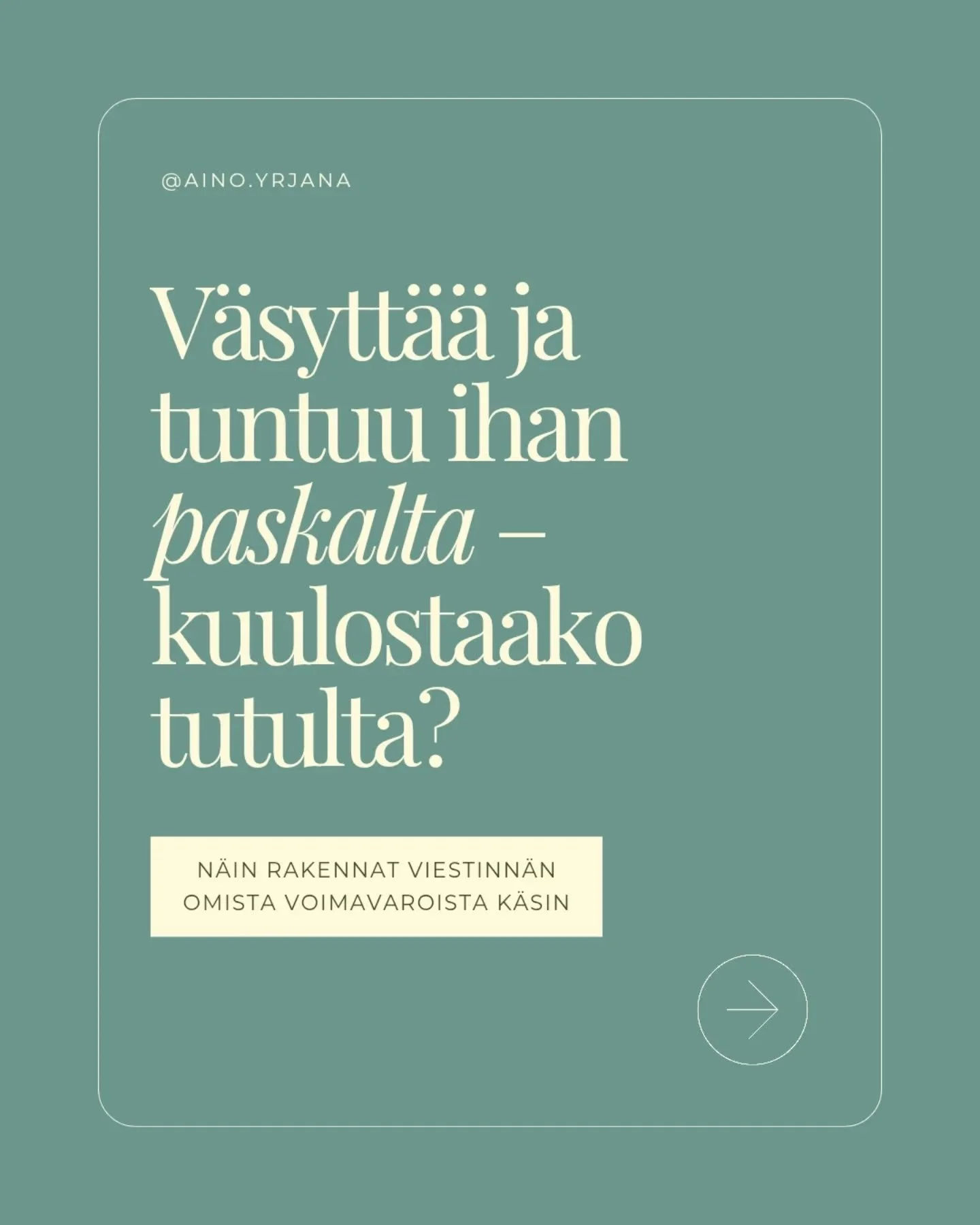 💩❤️ Et ole yksin t&auml;m&auml;n kanssa.&nbsp;

Moni hyvinvointialan yritt&auml;j&auml; ajattelee, ett&auml; viestint&auml; ja myynti vaatii jatkuvaa ponnistelua.

T&auml;ss&auml; samaistuttavia lausahduksia asiakkailtani:
● "V&auml;sytt&auml;&