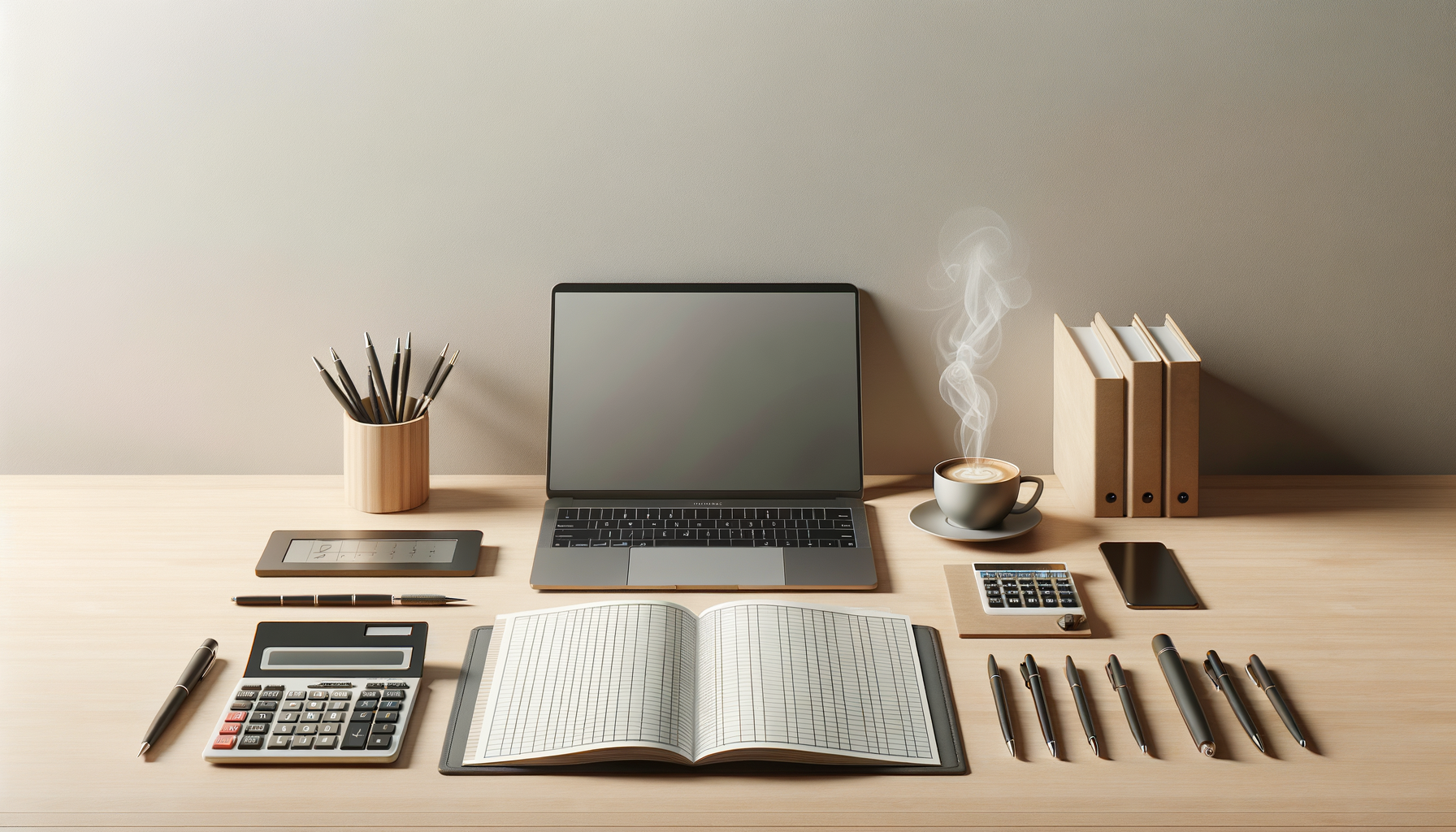 Organized wooden desk with a laptop, steaming coffee cup, notebooks, pens, a calculator, smartphones, an e-reader, and office binders against a neutral background.