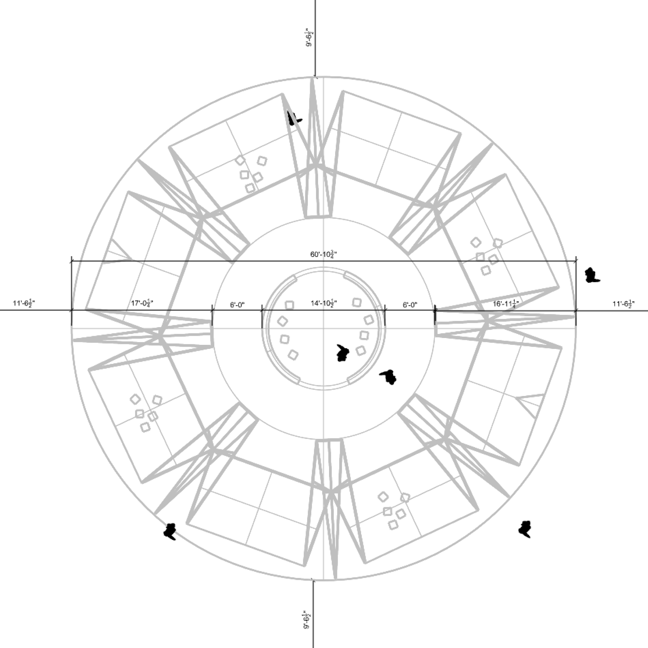 A detailed architectural blueprint of a building's floor plan, showing walls, rooms, measurements, and structural details.
