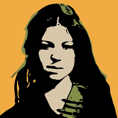 Stylized portrait of a woman with long hair holding a beverage, with a yellow background.