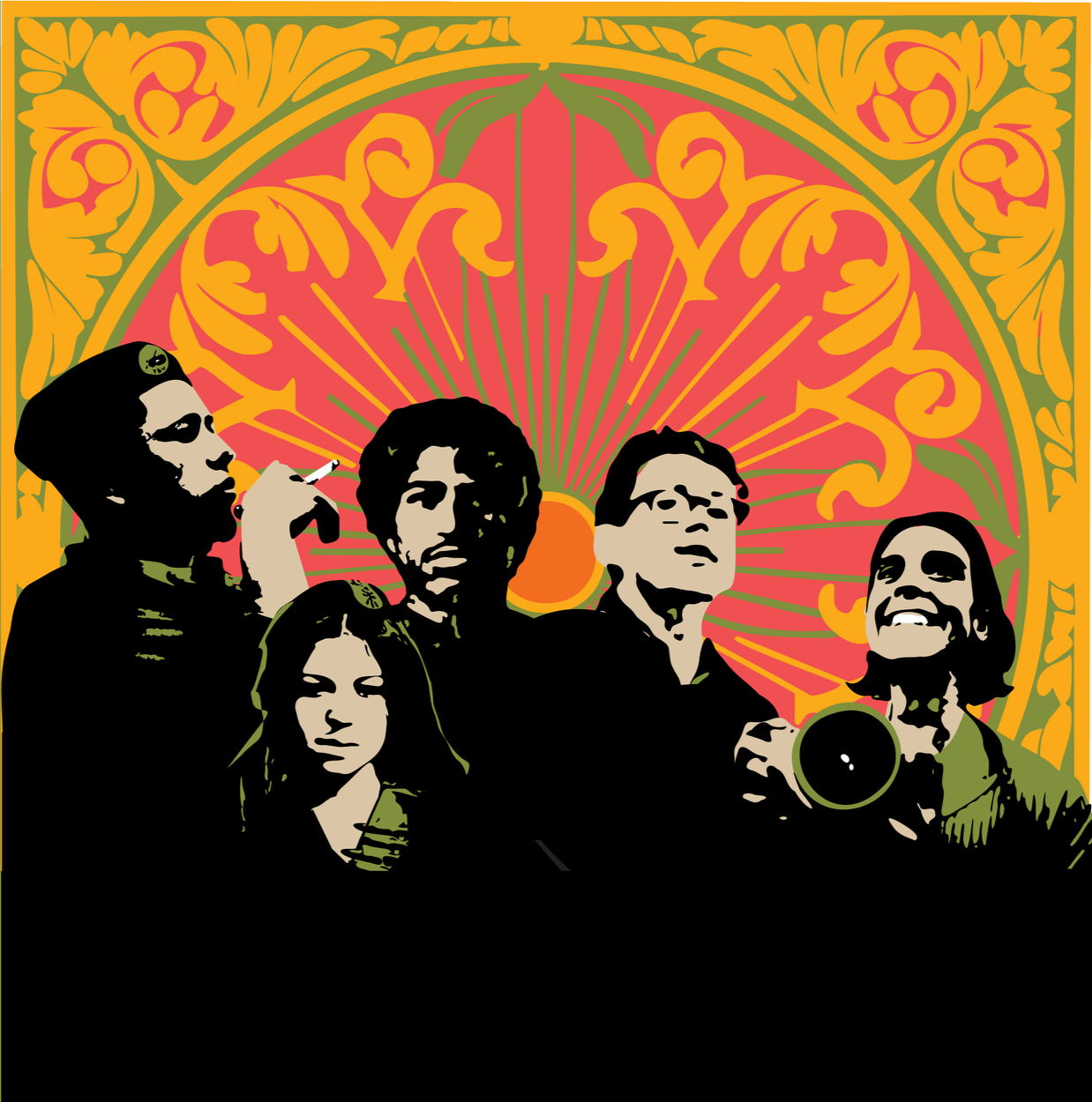 Stylized illustration of five people, including a woman smoking a cigarette, against a decorative background with orange, red, green, and black elements.