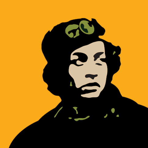 Black and white illustration of a woman with curly hair, wearing sunglasses, against an orange background.