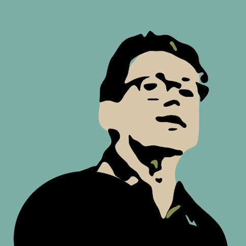Stylized digital illustration of a person with glasses and short dark hair, wearing a dark jacket, against a teal background.