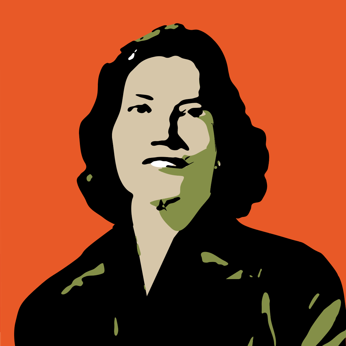 Digital artwork of a woman with wavy hair against an orange background, partially covering one eye with her hand.