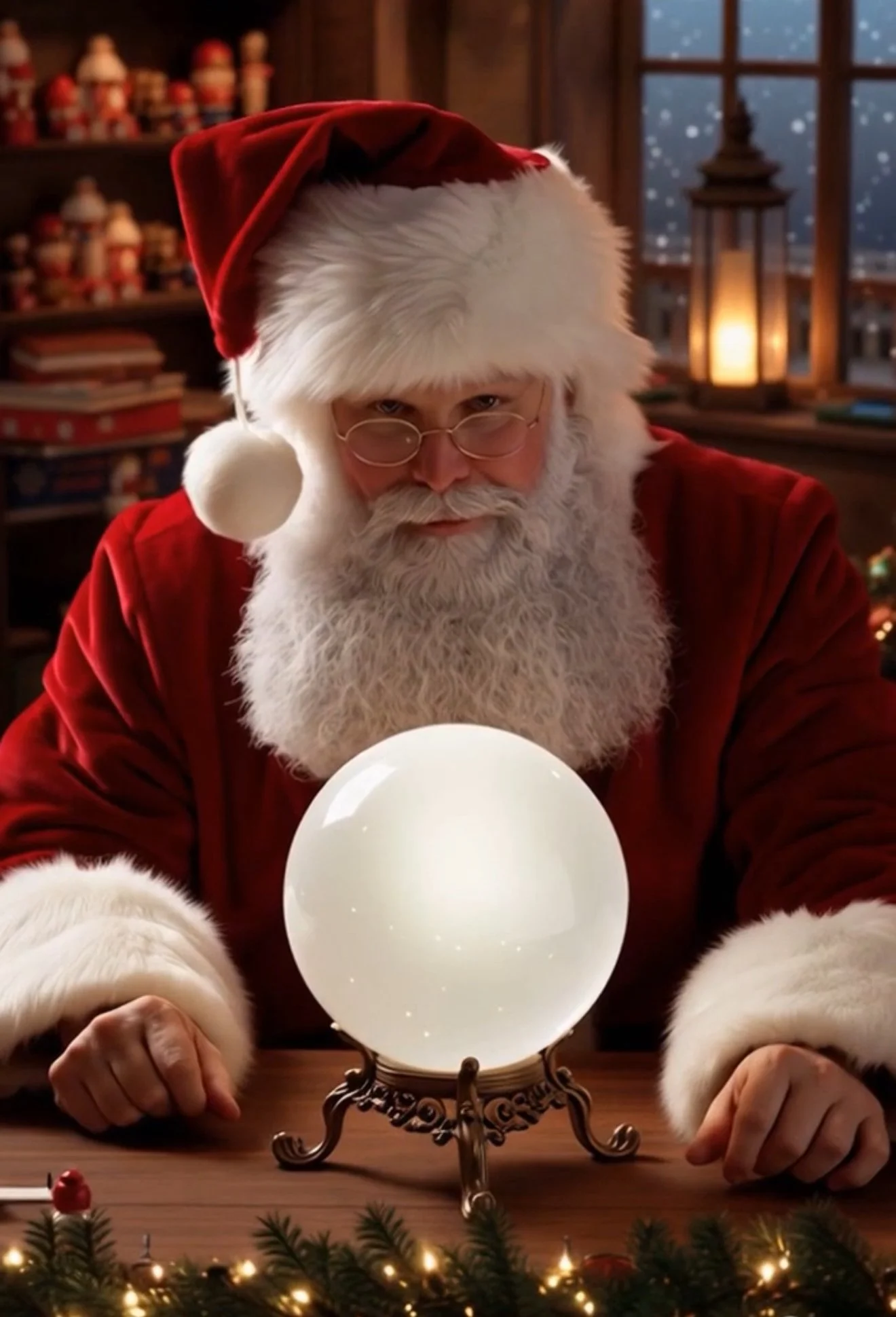 Santa Claus with glasses and a long white beard, wearing a red suit and hat, sitting at a table with a crystal ball, inside a cozy, decorated room with books and Christmas decorations, looking at the crystal ball.
