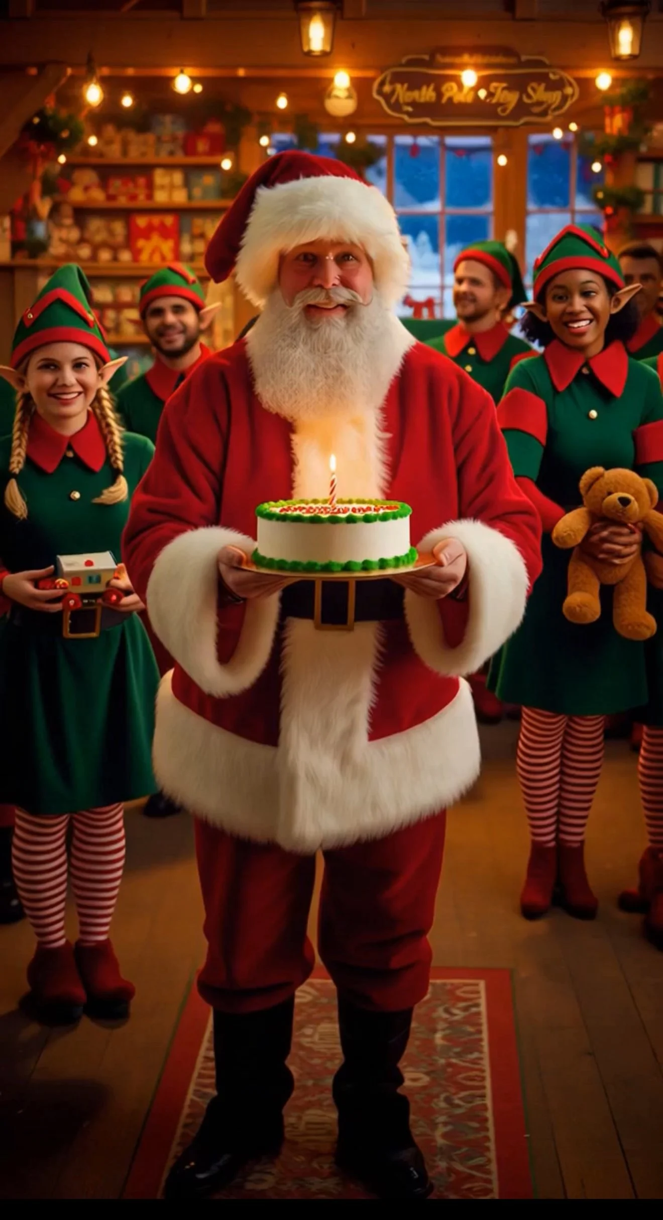 Santa Claus holding a birthday cake with a candle, surrounded by smiling elves in a festive Christmas setting.