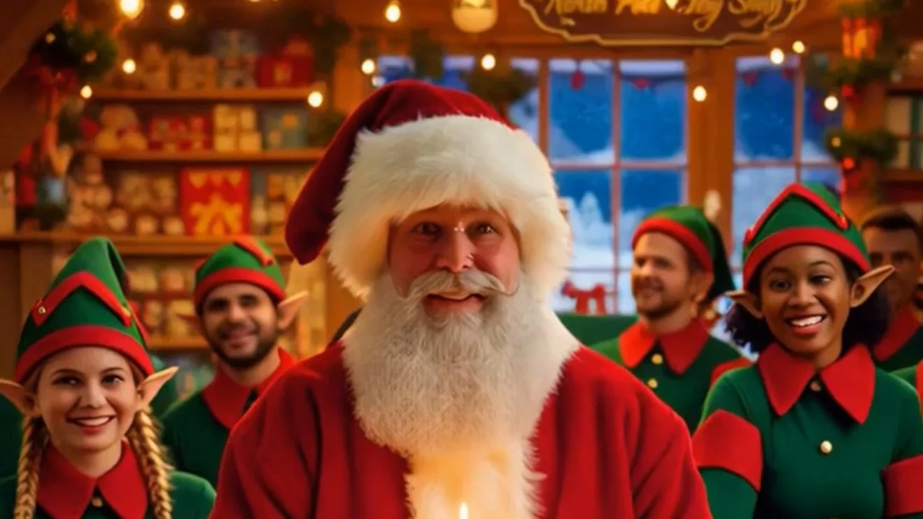 Santa Claus and an elf team dressed in festive costumes inside a decorated Christmas cabin.