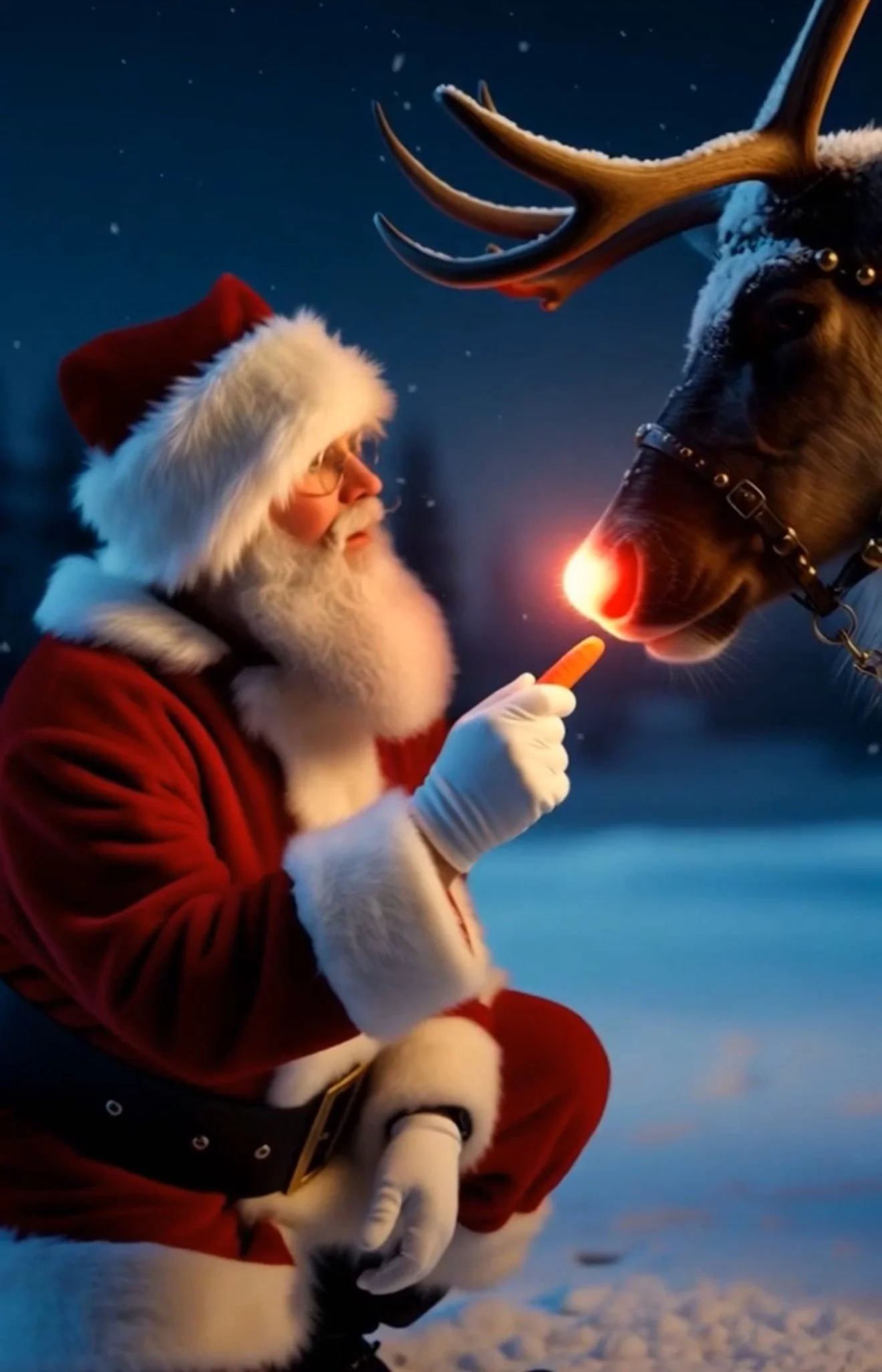 Santa Claus kneeling in the snow, holding a carrot, with a reindeer nose glowing, at night with snow falling.