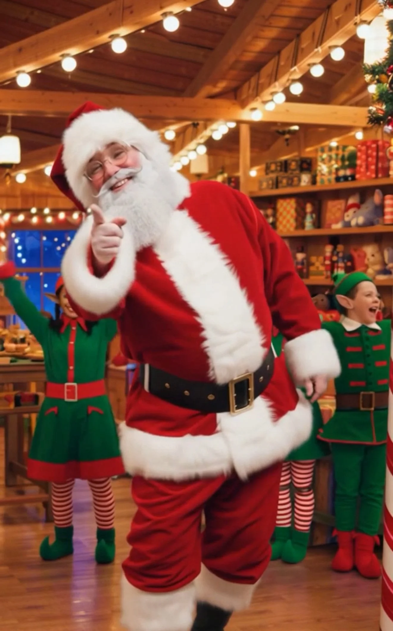 Santa Claus pointing forward and smiling in a festive room with elves in Christmas costumes in the background.