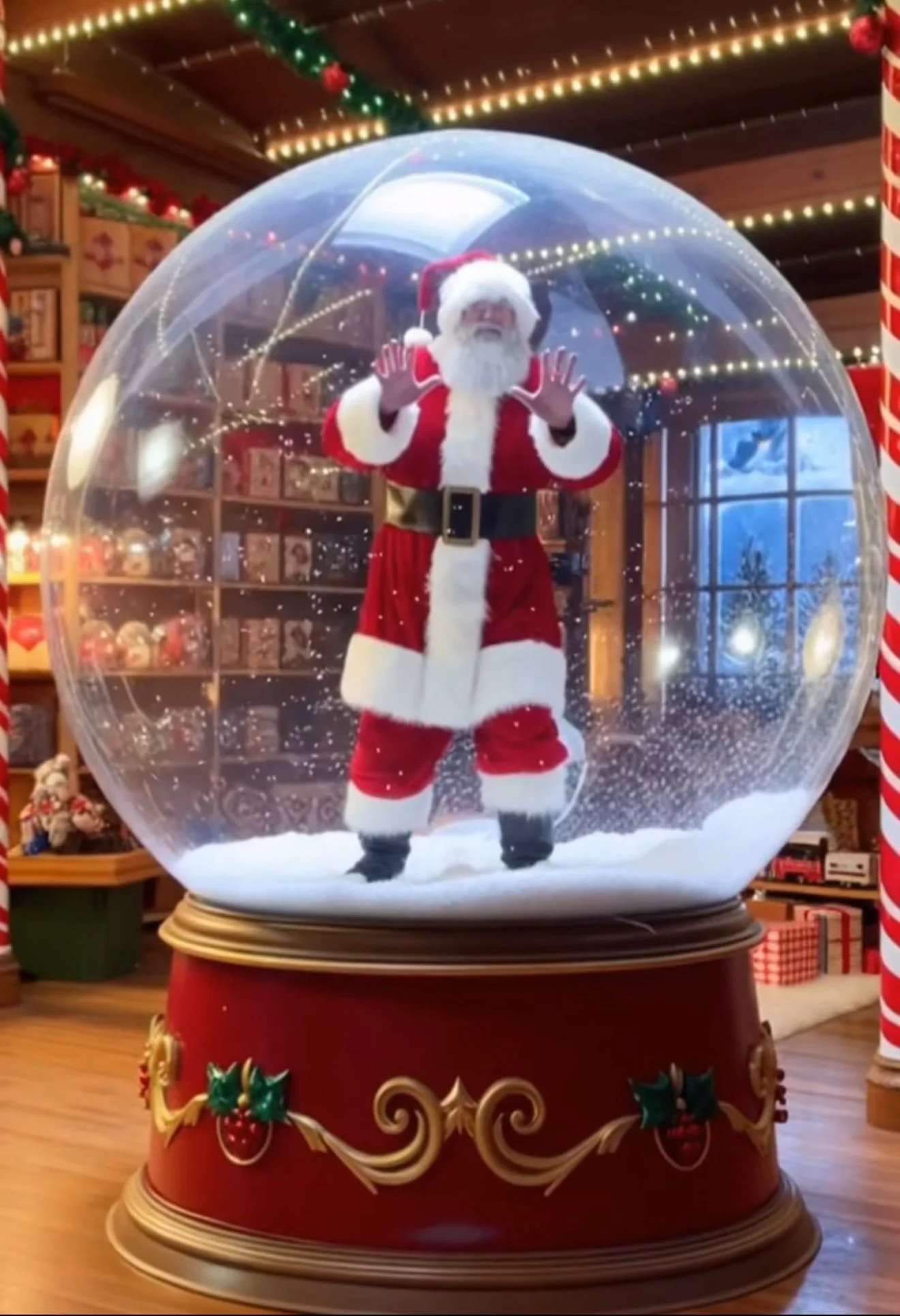 Santa Claus inside a snow globe with festive decorations around.