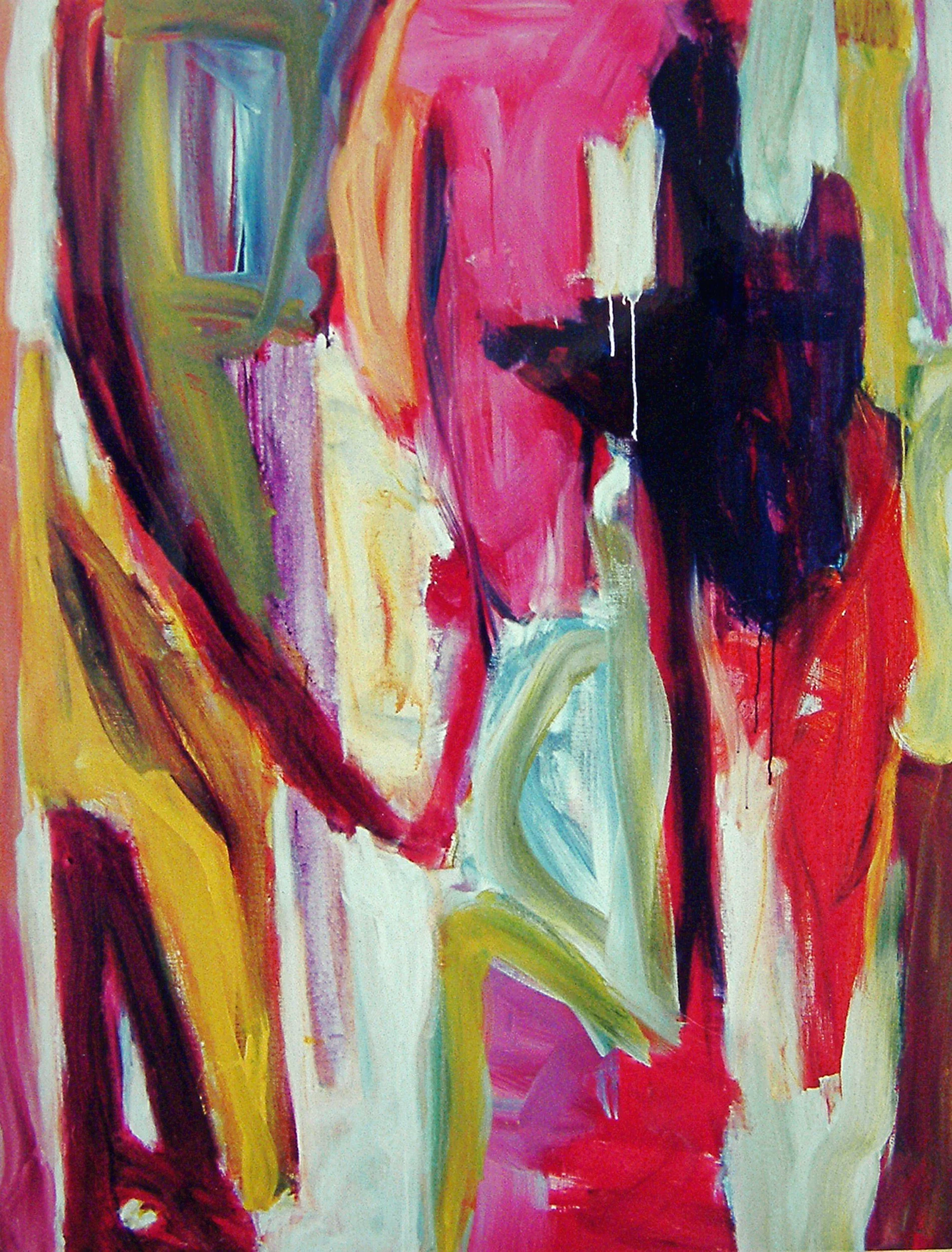 Abstract painting with vibrant colors including pink, red, yellow, green, purple, and black, featuring bold brush strokes and drips.