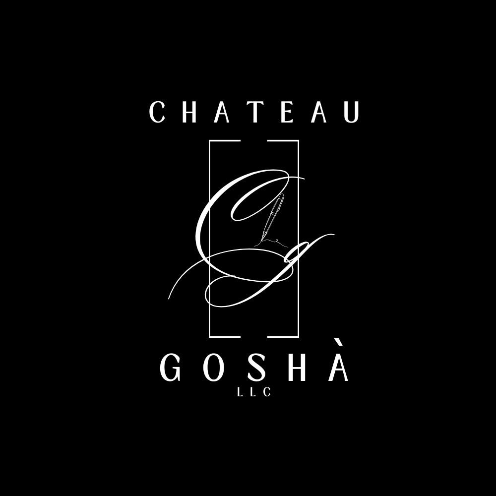 Elegant black logo with white text reading 'Chateau Goshà LLC' and a stylized letter 'C' and 'G' intertwined with a pen nib design in the center.