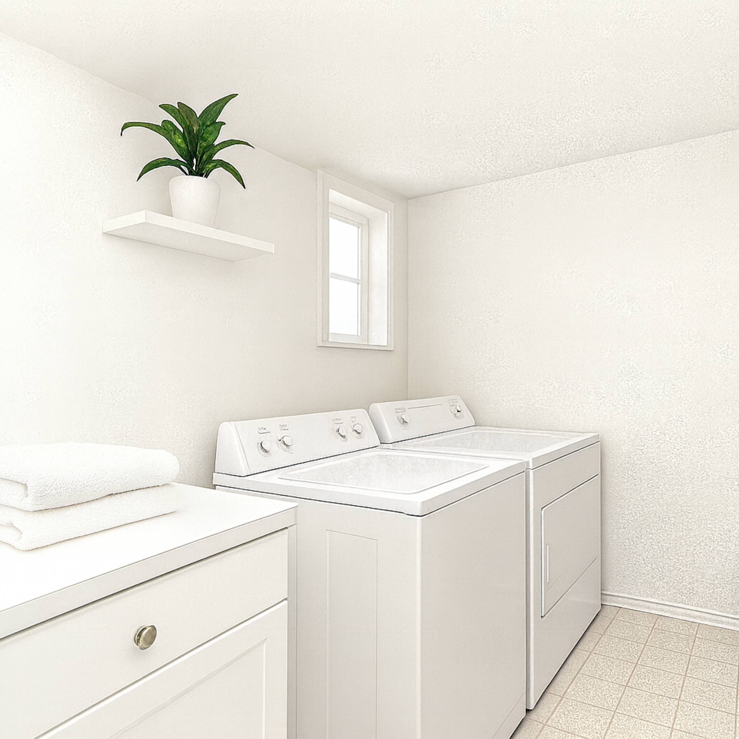 A clean laundry room with a washer and dryer installed, representing temporary appliance rental during home transitions or renovations.