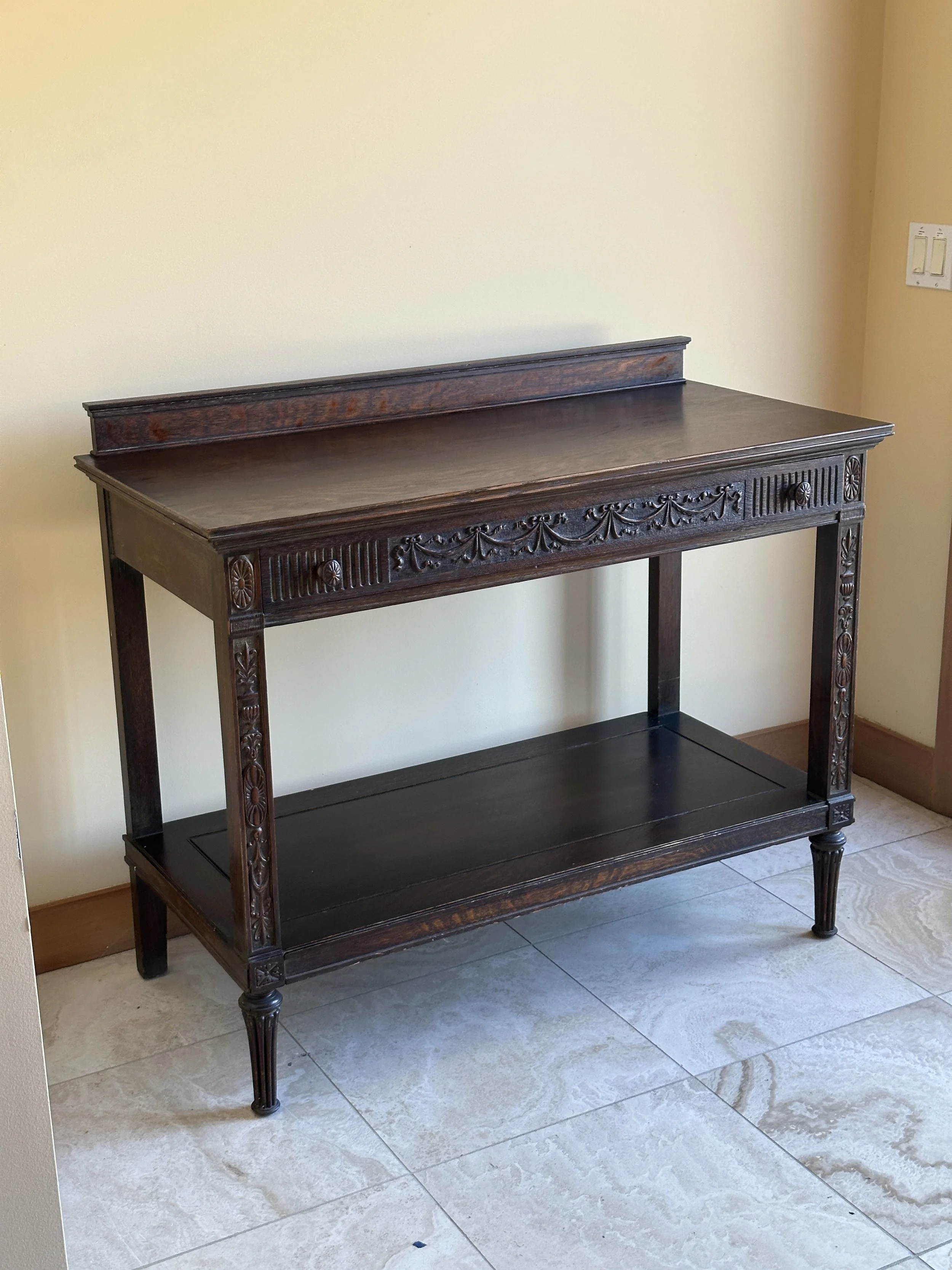 Antique Carved Wood Console / Hall Table – Lower Shelf & Drawer