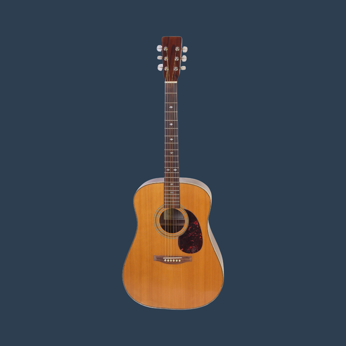 A natural wood acoustic guitar with a dark pickguard, set against a dark blue background.