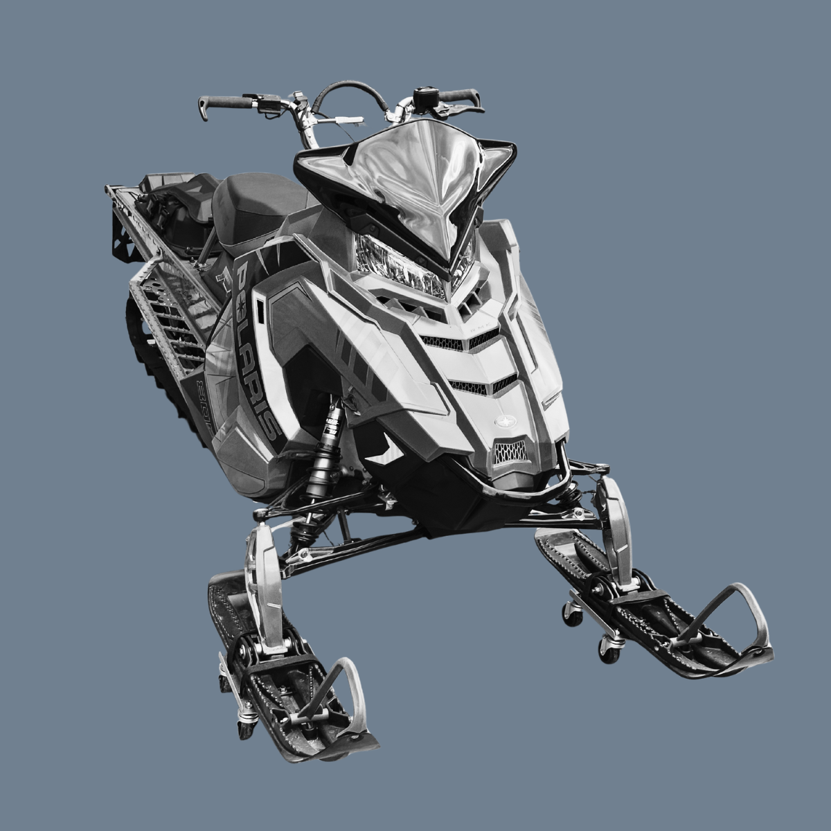 A futuristic snowmobile with a sleek design and sharp angles, set against a plain blue background.