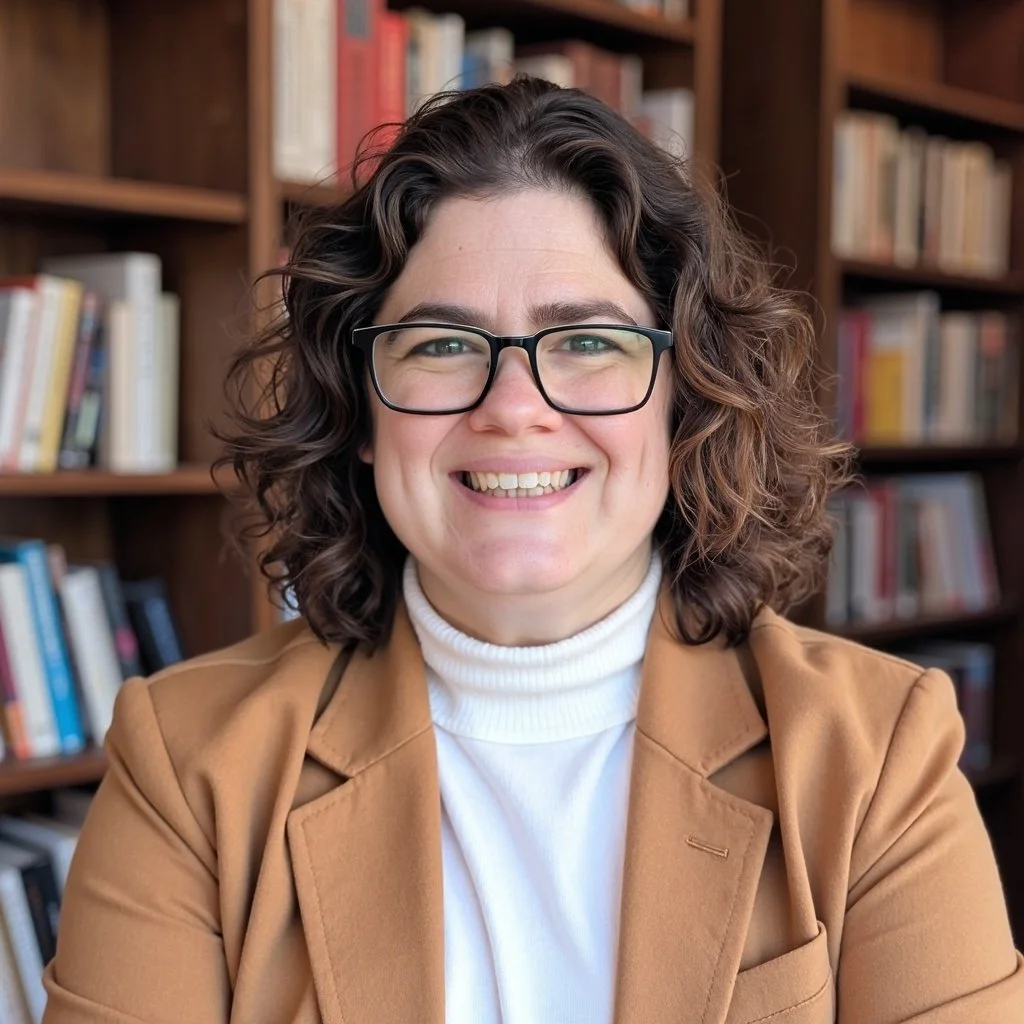 Portrait of a woman with curly brown hair, wearing glasses, a white turtleneck, and a tan blazer, sitting in front of a bookshelf.