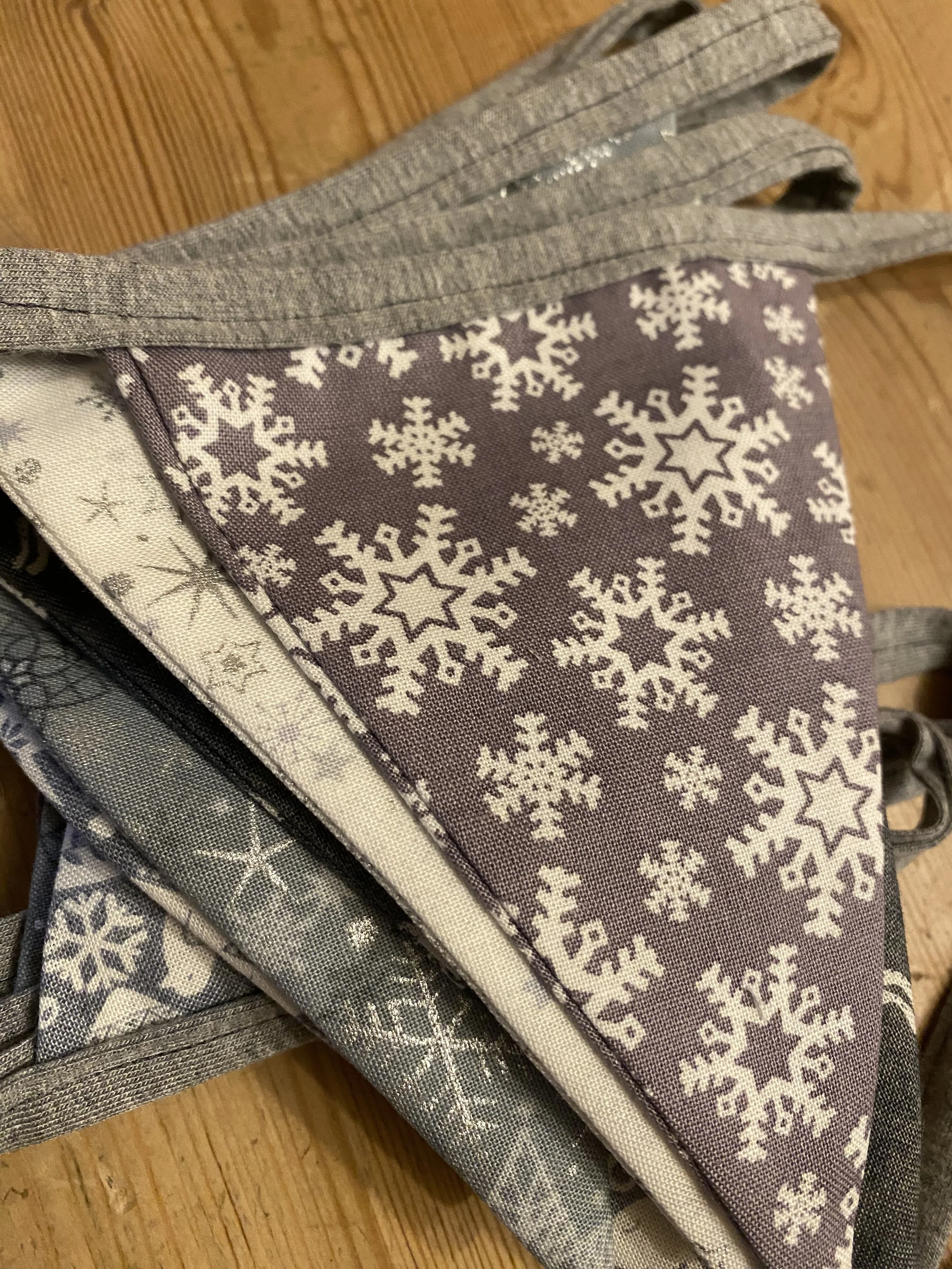 A set of 15 stringed bunting with a plain grey fabric top.  each flag approx 4” x 5” (10 × 13cm) entire length 92” (234cm)