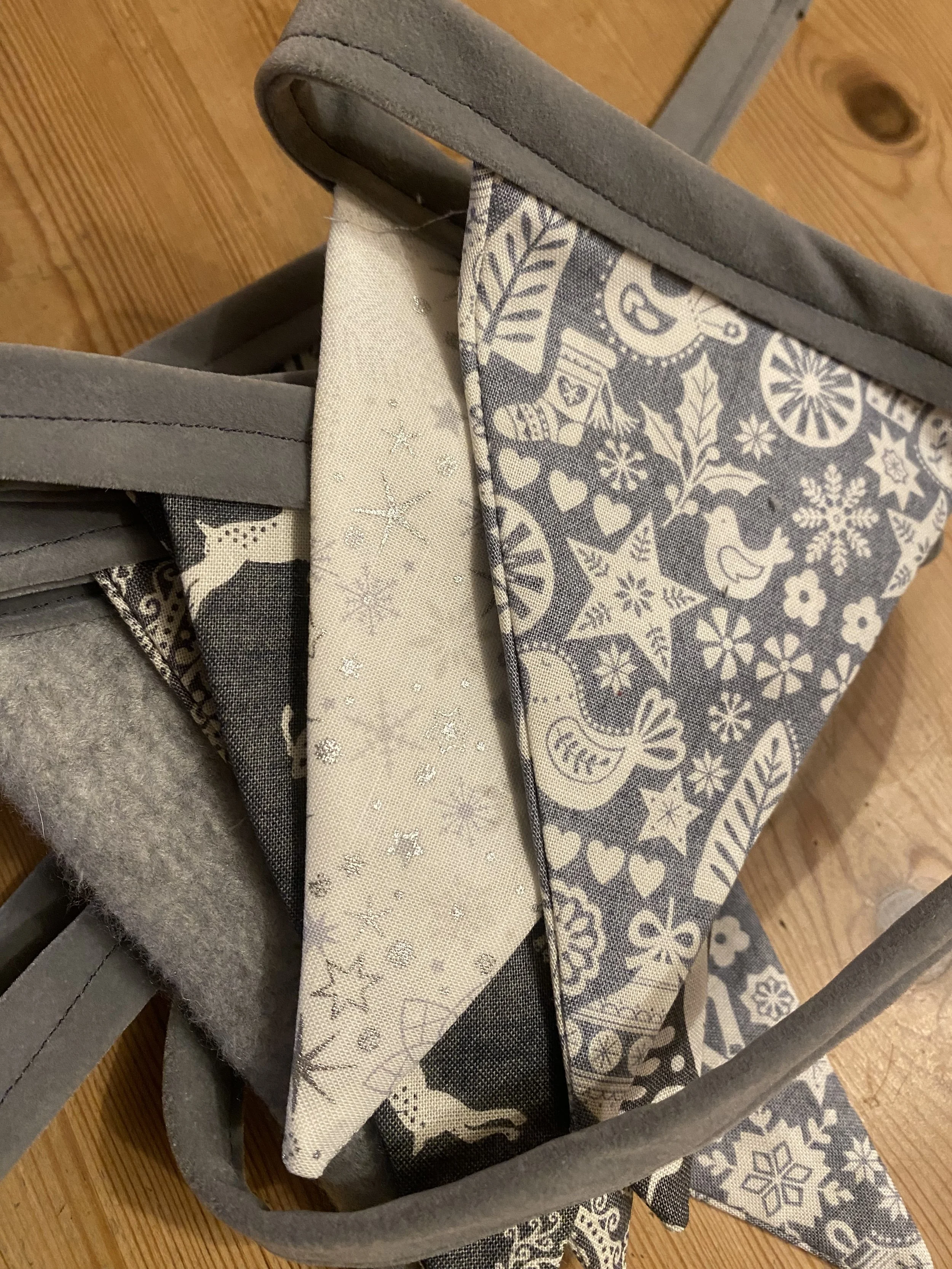 A set of 15 stringed bunting with a grey velvet fabric top.  each flag approx 4” x 5” (10 × 13cm) entire length 92” (234cm)