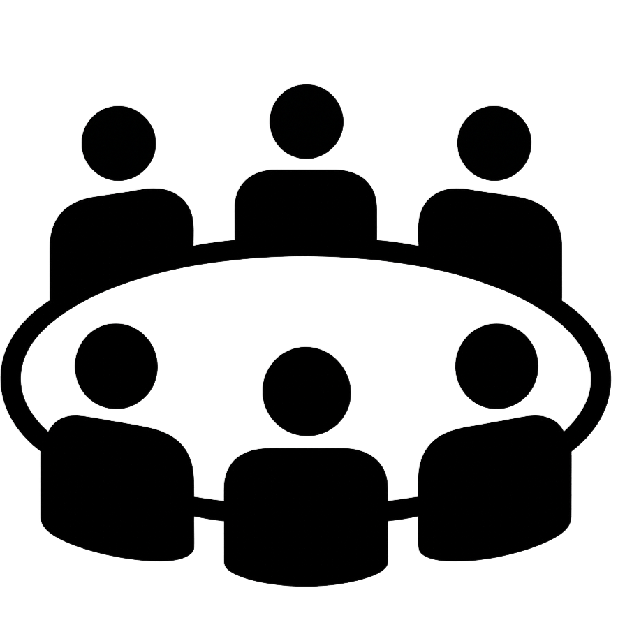 Outline of six people sitting around a circular table, participating in a meeting or discussion.