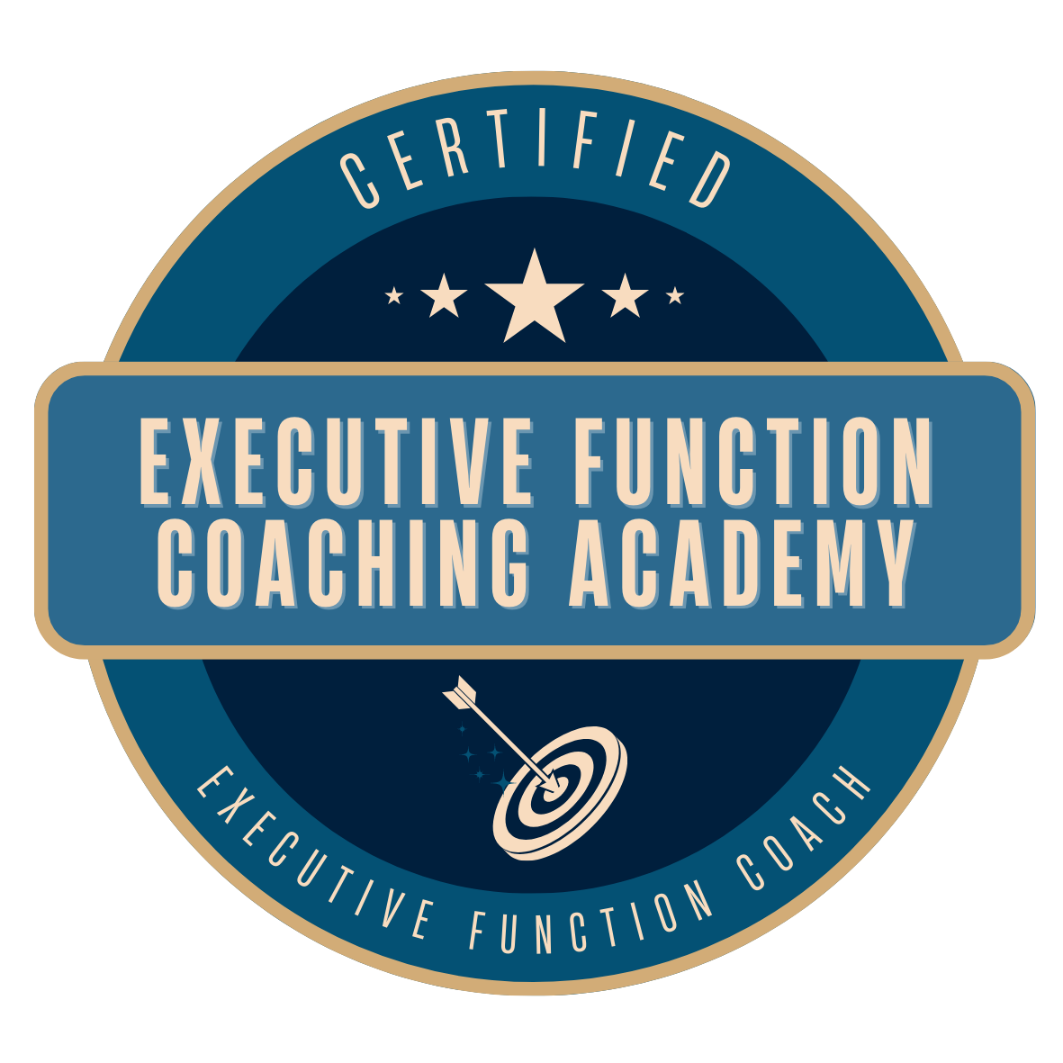 Badge with the text 'Certified Executive Function Coaching Academy' and 'Executive Function Coach' with a target and arrow graphic in the center.