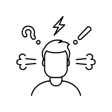 Illustration of a worried person with symbols of confusion, lightning, and frustration around their head.