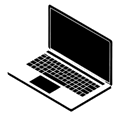 Line drawing of a laptop computer viewed from the front, with the screen open and the keyboard visible.