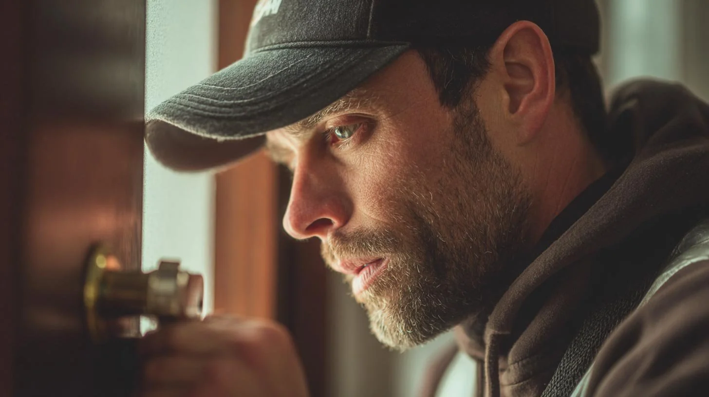 A man with a beard wearing a baseball cap closely examines a door lock with a small screwdriver.