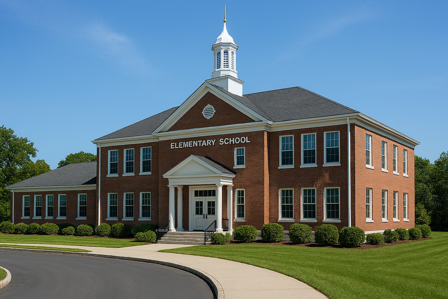 A two-story brick elementary school building with a white steeple, surrounded by green grass and bushes, under a blue sky.